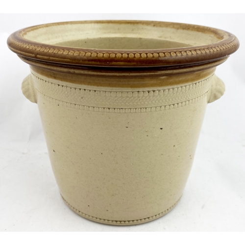 74 - MENZIES DUNFERMLINE STORES BUTTER CROCK. 7.7ins tall. Tan rim (wheeled decoration, & bottom edge), t... 