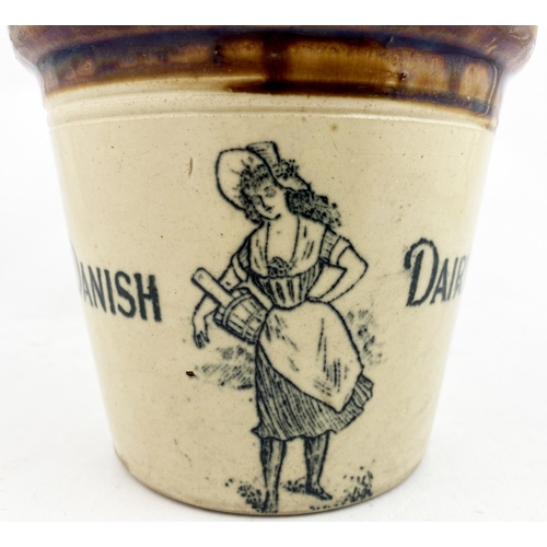 75 - DANISH DAIRY BUTTER CROCK. 6.2ins tall. Dark brown top (runny). Single rear handle. Narrow waisted m... 