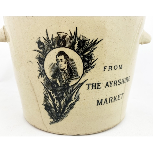 76 - AYRSHIRE MARKET BUTTER CROCK. 6ins tall. Mid brown top. Two side handles. Very strong black transfer... 