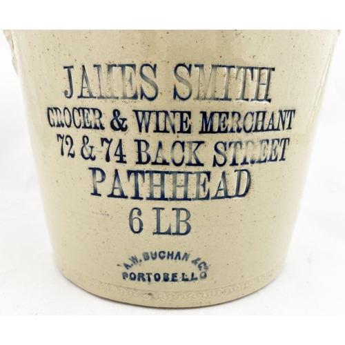 78 - JAMES SMITH PATHHEAD BUTTER CROCK. 7.5ins to top of lid (nibbled lid edges - 7/10) knob. Tan top (wh... 