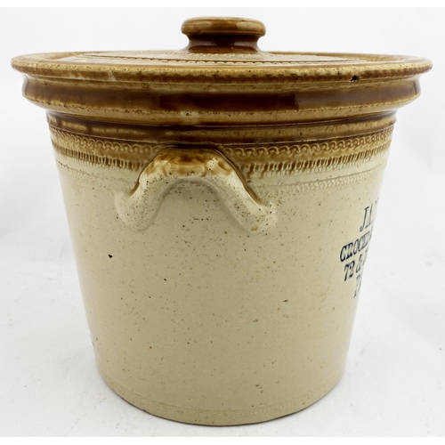 78 - JAMES SMITH PATHHEAD BUTTER CROCK. 7.5ins to top of lid (nibbled lid edges - 7/10) knob. Tan top (wh... 