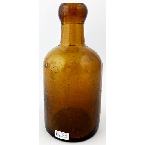 80 - DUNFERMLINE SELTZER BOTTLE. 6ins tall, bright amber glass, thick blob top. ALEX REIDS/ KOLA, hand ho... 