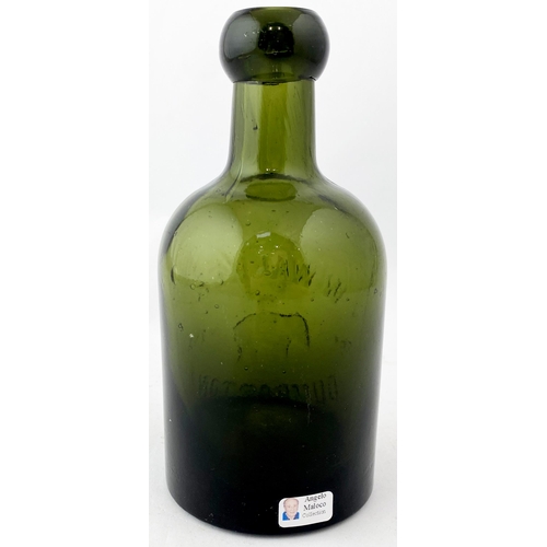 81 - DUNFERMLINE SELTZER BOTTLE. 6.2ins tall. Deep green glass, chunky blob lip. W WALKER above a large e... 