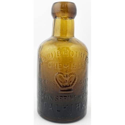 82 - FALKIRK SELTZER BOTTLE. 5.1ins tall. Rich amber, blob top. REID BROTHERS/ CHEMISTS/ CROWN SPRING WOR... 