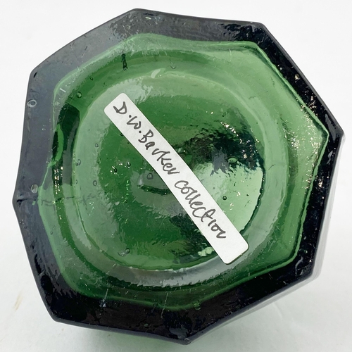 53 - OCTAGONAL INK BOTTLE. 2.2ins tall. Squat tooled lip, deep green glass, unusual delineated shoulders.... 