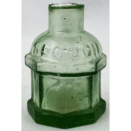 55 - SLOUGH DELPHIC TEMPLE LIKE INK BOTTLE. 2.4ins tall, burst lip, octagonal middle section, aqua glass.... 