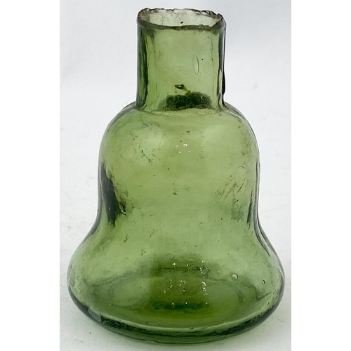 58 - BELL SHAPE GUM BOTTLE. 2.4ins tall. Classic bell shape, burst lip. Very rare mid olive green coloure... 