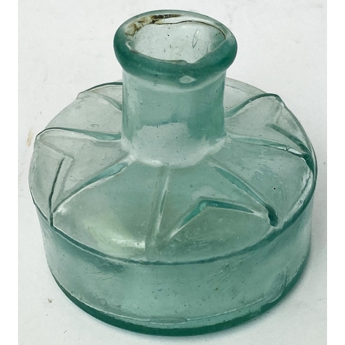 59 - MALTESE CROSS INK BOTTLE. 2ins tall. Bluey aqua, crude tooled lip. Shoulders draped with four forked... 