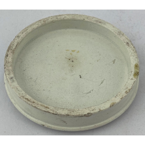 98 - LONDON POT LID. 3.1ins diam. A very distinctive lid with a really crisp/ detailed strong pink transf... 