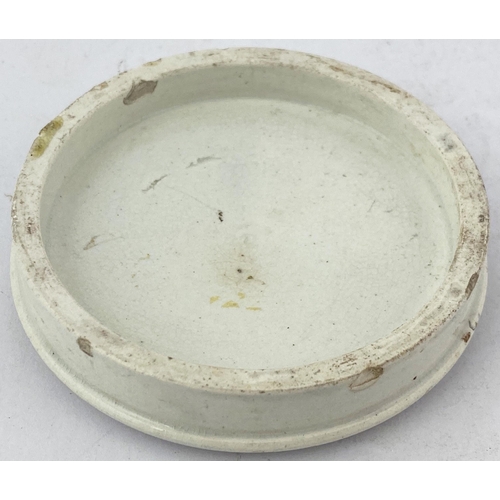 98 - LONDON POT LID. 3.1ins diam. A very distinctive lid with a really crisp/ detailed strong pink transf... 