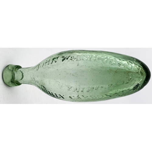 111 - LEAMINGTON HAMILTON BOTTLE. 8ins long, chisel lip. Light smokey green aqua glass hue. Heavily emboss... 