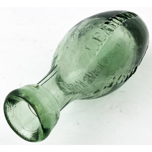 111 - LEAMINGTON HAMILTON BOTTLE. 8ins long, chisel lip. Light smokey green aqua glass hue. Heavily emboss... 