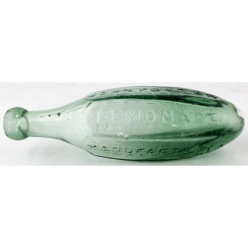 112 - MALTON HEXAGONAL HAMILTON BOTTLE. 8.9ins long. An early looking greeny tinged aqua glass facetted ha... 