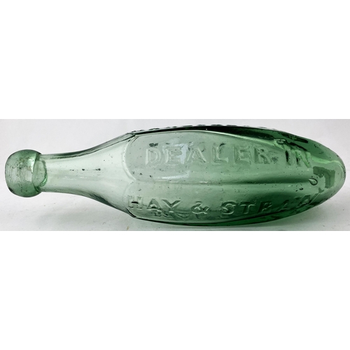 112 - MALTON HEXAGONAL HAMILTON BOTTLE. 8.9ins long. An early looking greeny tinged aqua glass facetted ha... 