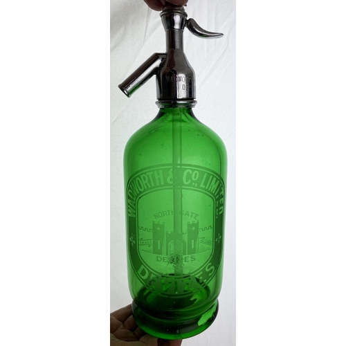 128 - DEVIZES SODA SYPHON. 11.6ins tal, shiny metal top, emerald green glass. Acid etched front WADWORTH &... 