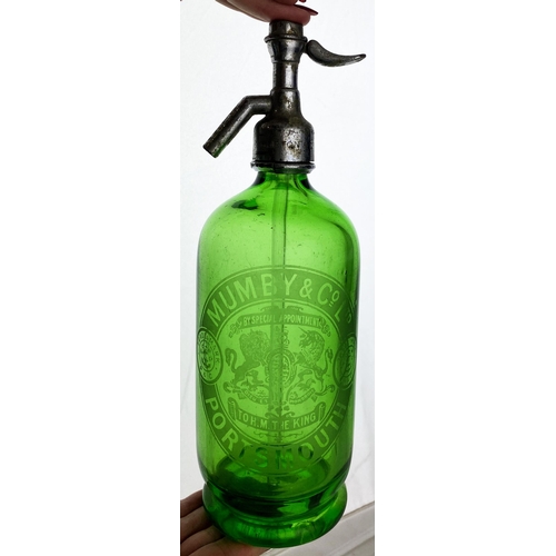 129 - PORTSMOUTH SODA SYPHON. 11.5ins tall., patinated metal top, emerald green glass. Acid etched front M... 