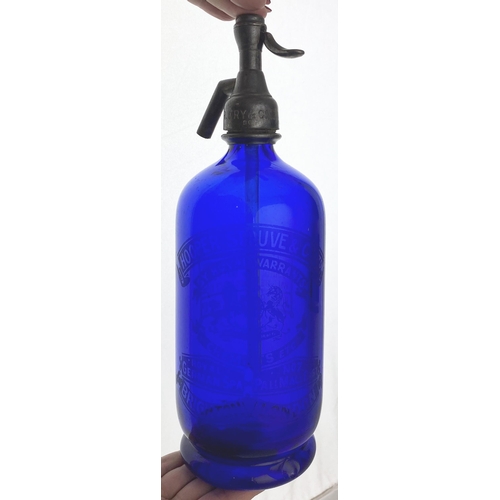 131 - BRIGHTON SODA SYPHON. 11.3ins tall, original pewter top, deep cobalt blue. Acid etched front - detai... 