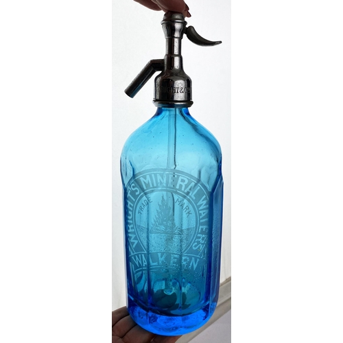 132 - WALKDEN SODA SYPHON. 11.6ins tall, shiny metal top, light blue glass, ten vertical facets. Acid etch... 