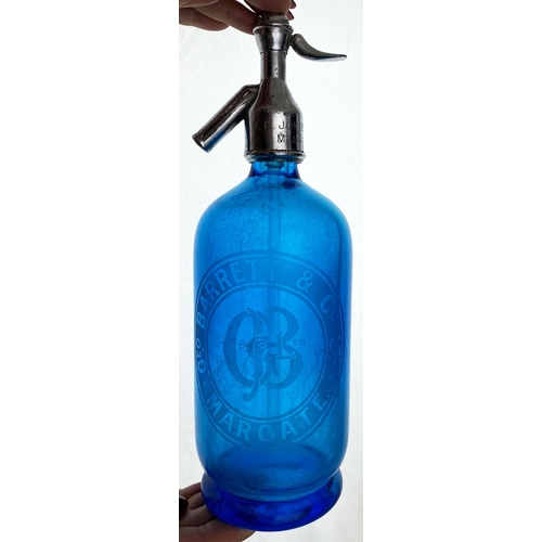 133 - MARGATE SODA SYPHON. 11.6ins tall, original pewter top, mid blue glass. Acid etched front GEO BARRET... 