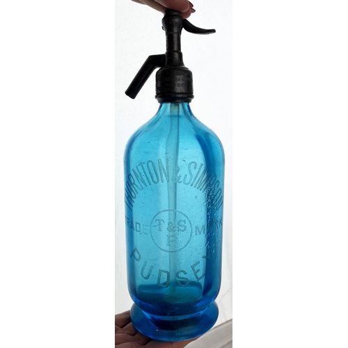 135 - PUDSEY SODA SYPHON. 11.8ins tall, pewter top, light blue glass. Acid etched THORNTON & SIMPSON with ... 