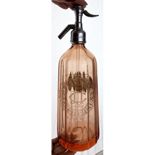 138 - CHESTERFIELD SODA SYPHON. 14.3ins tall, shiny metal top, superb salmon pink glass. Elegant slightly ... 