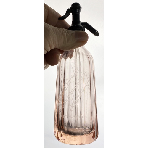 140 - SCOTTISH MINIATURE SODA SYPHON. 6.9ins tall, salmon pink glass, pewter top (close up image on Easy L... 