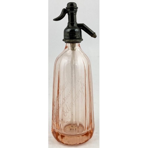 140 - SCOTTISH MINIATURE SODA SYPHON. 6.9ins tall, salmon pink glass, pewter top (close up image on Easy L... 