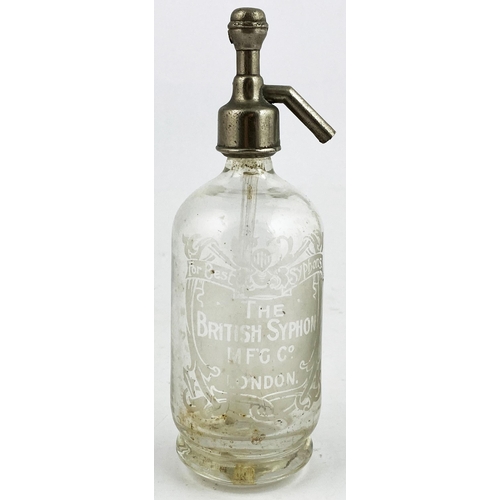 141 - BRITISH SYPHON CO LONDON MINIATURE SODA SYPHON. 6.1ins tall, metal top (no lever), clear glass, with... 