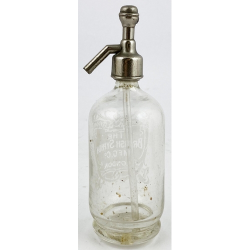 141 - BRITISH SYPHON CO LONDON MINIATURE SODA SYPHON. 6.1ins tall, metal top (no lever), clear glass, with... 