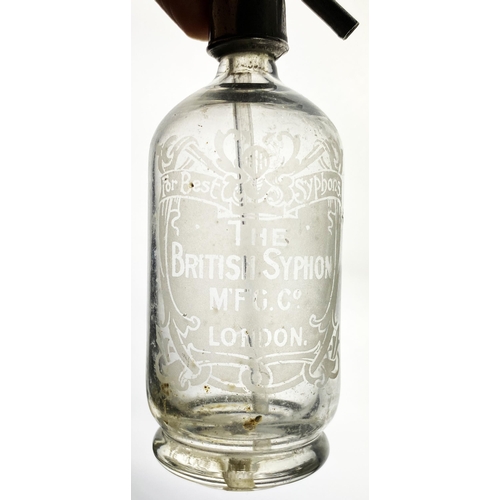 141 - BRITISH SYPHON CO LONDON MINIATURE SODA SYPHON. 6.1ins tall, metal top (no lever), clear glass, with... 