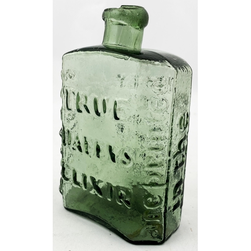 165 - TRUE DAFFYS ELIXIR. 4.6ins tall. Dark aqua/ pale green glass, heavily whittled with a truly super cr... 