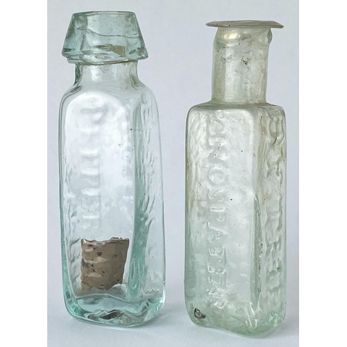 167 - ESSENCE OF PEPPERMINT BOTTLE DUO. 2.9ins tall. Both square bodied, each embossed BY THE/ KINGS PATEN... 