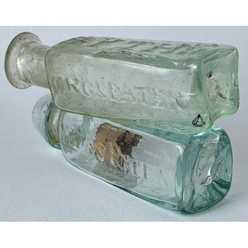 167 - ESSENCE OF PEPPERMINT BOTTLE DUO. 2.9ins tall. Both square bodied, each embossed BY THE/ KINGS PATEN... 