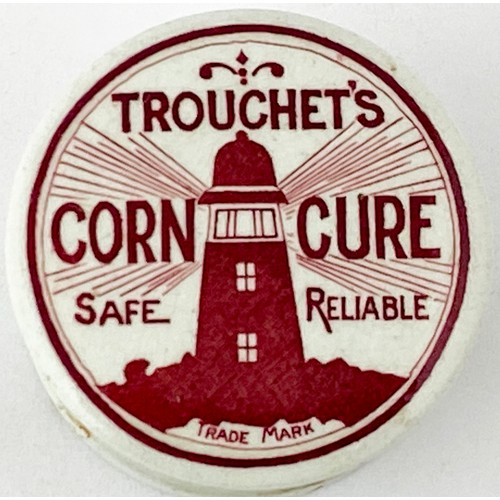 148 - TROUCHETS CORN CURE POT LID & BASE. 2ins diam. Very strong red transfer - just five words amidst the... 