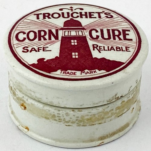 148 - TROUCHETS CORN CURE POT LID & BASE. 2ins diam. Very strong red transfer - just five words amidst the... 