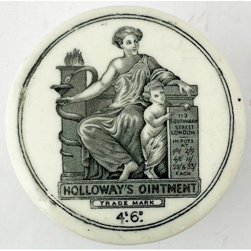 149 - HOLLOWAYS OINTMENT POT LID & BASE. 4ins diam. Large familiar pict. of robe adorned lady, baby by sid... 