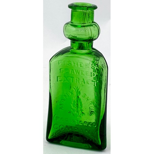 152 - FISHERS SEAWEED EXTRACT BOTTLE. 5.2ins tall. Stunning bright green glass, triangular shape, distinct... 