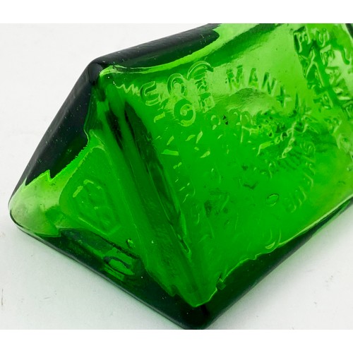 152 - FISHERS SEAWEED EXTRACT BOTTLE. 5.2ins tall. Stunning bright green glass, triangular shape, distinct... 