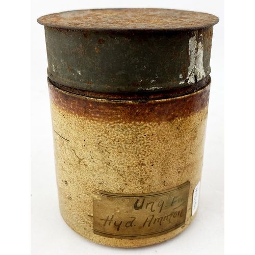 186 - LIDDED PHARMACY JAR. 4.2ins tall, to rusted metal lid top. Small apothecary salt glaze jar, t.t. Det... 