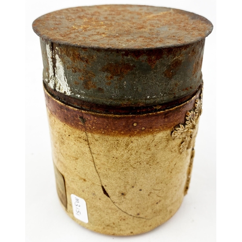 186 - LIDDED PHARMACY JAR. 4.2ins tall, to rusted metal lid top. Small apothecary salt glaze jar, t.t. Det... 