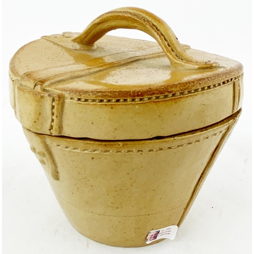 193 - DOULTON LIDDED BUCKLED LEATHER BAG. (p171 Doulton Lambeth Wares). 5.5ins tall. Mid/ varying salt gla... 