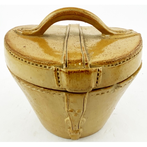 193 - DOULTON LIDDED BUCKLED LEATHER BAG. (p171 Doulton Lambeth Wares). 5.5ins tall. Mid/ varying salt gla... 