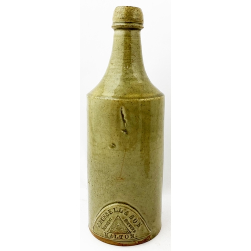 196 - MALTON PORTER SLAB SEAL BOTTLE. 10.3ins tall, grey/ green glaze stoneware porter bottle. Large slab ... 