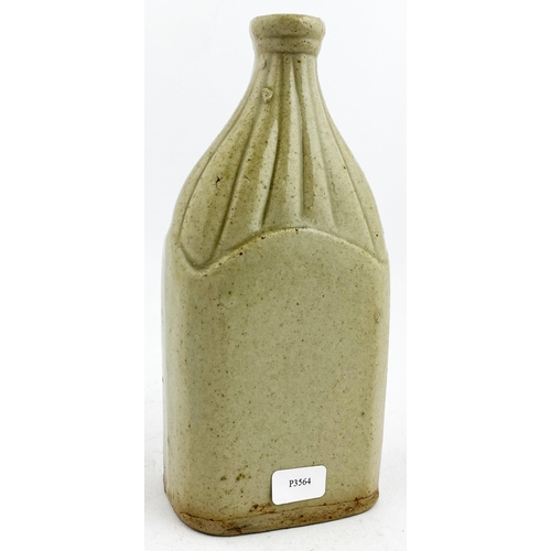 197 - YORK SLAB SEALED SPIRIT FLASK. 5.9ins tall, rib neck, flat bodied rectangular flask. Applied pie cru... 