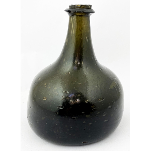 209 - ENGLISH TRANSITIONAL HALF SIZE ONION MALLET  WINE BOTTLE. 5.5ins tall. Dark olive green glass, c. 17... 