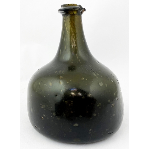 209 - ENGLISH TRANSITIONAL HALF SIZE ONION MALLET  WINE BOTTLE. 5.5ins tall. Dark olive green glass, c. 17... 