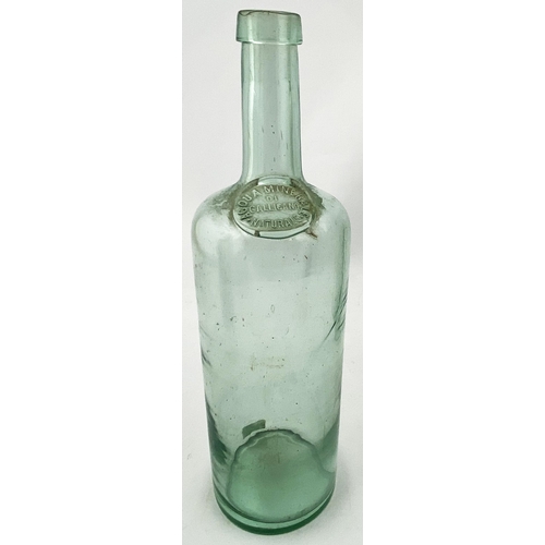 213 - SEALED CYLINDER WINE BOTTLE. 13ins tall. Tall aqua glass cylinder, narrow neck, square edged lip, gl... 