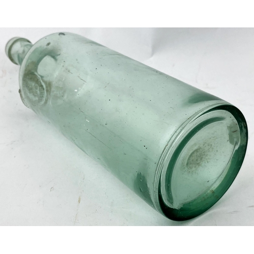 213 - SEALED CYLINDER WINE BOTTLE. 13ins tall. Tall aqua glass cylinder, narrow neck, square edged lip, gl... 