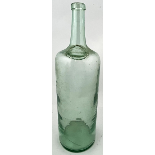 214 - SEALED CYLINDER WINE BOTTLE. 9.7ins tall. Tall aqua glass cylinder, narrow neck, square edged lip, g... 