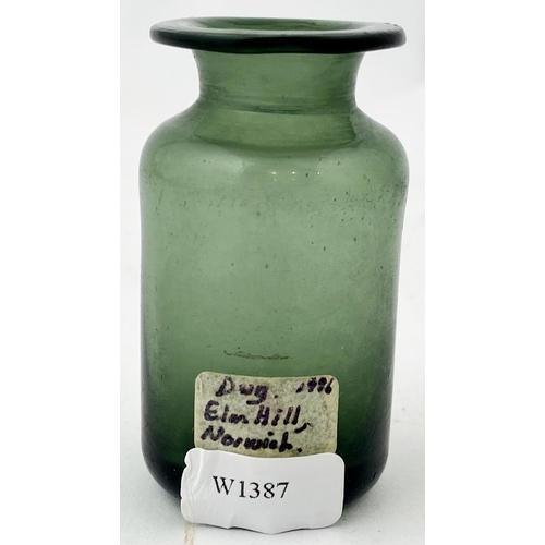 169 - FREEBLOWN APOTHECARY GLASS VIAL. 2.1ins tall. Deep smokey green. Extremely well made, wide flared li... 